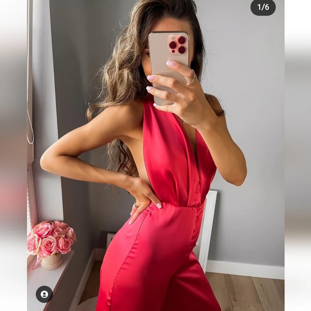 Zara * Satin Effect Jumpsuit Wide Leg Pink Long Size XS